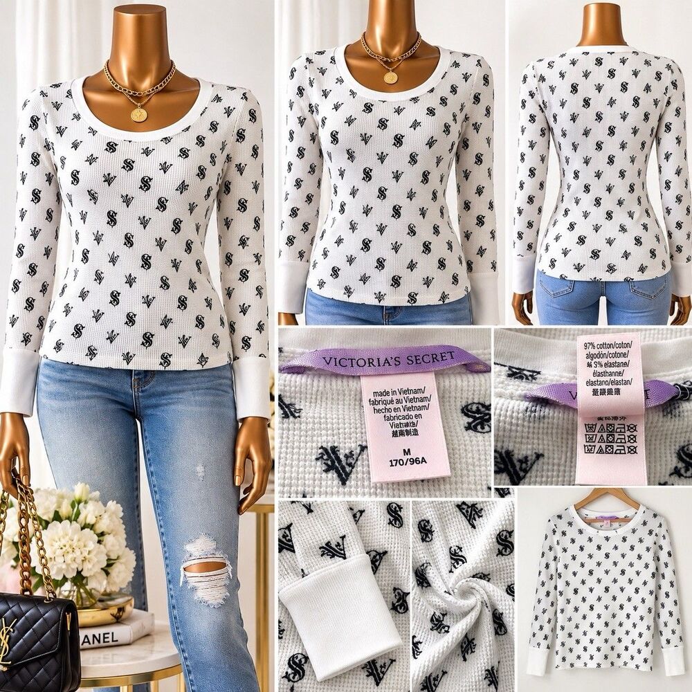 Victoria’s Secret Womens M Monogram Pullover Lounge Sweater Waffle Knit Y2K Top